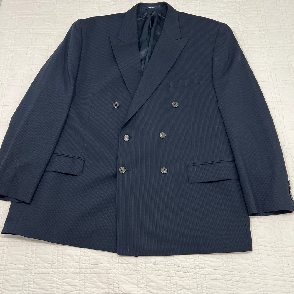 Ralph Lauren Mens Navy Textured Pinstripe Double Breasted Suit 48R 1998 *note - Picture 2 of 16